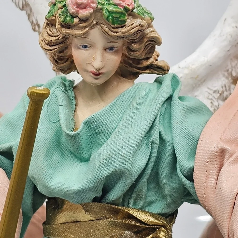 Vtg Christmas Angel Tree Topper Seafoam Green Gown Gold‎ Trumpet Pink Sash 10